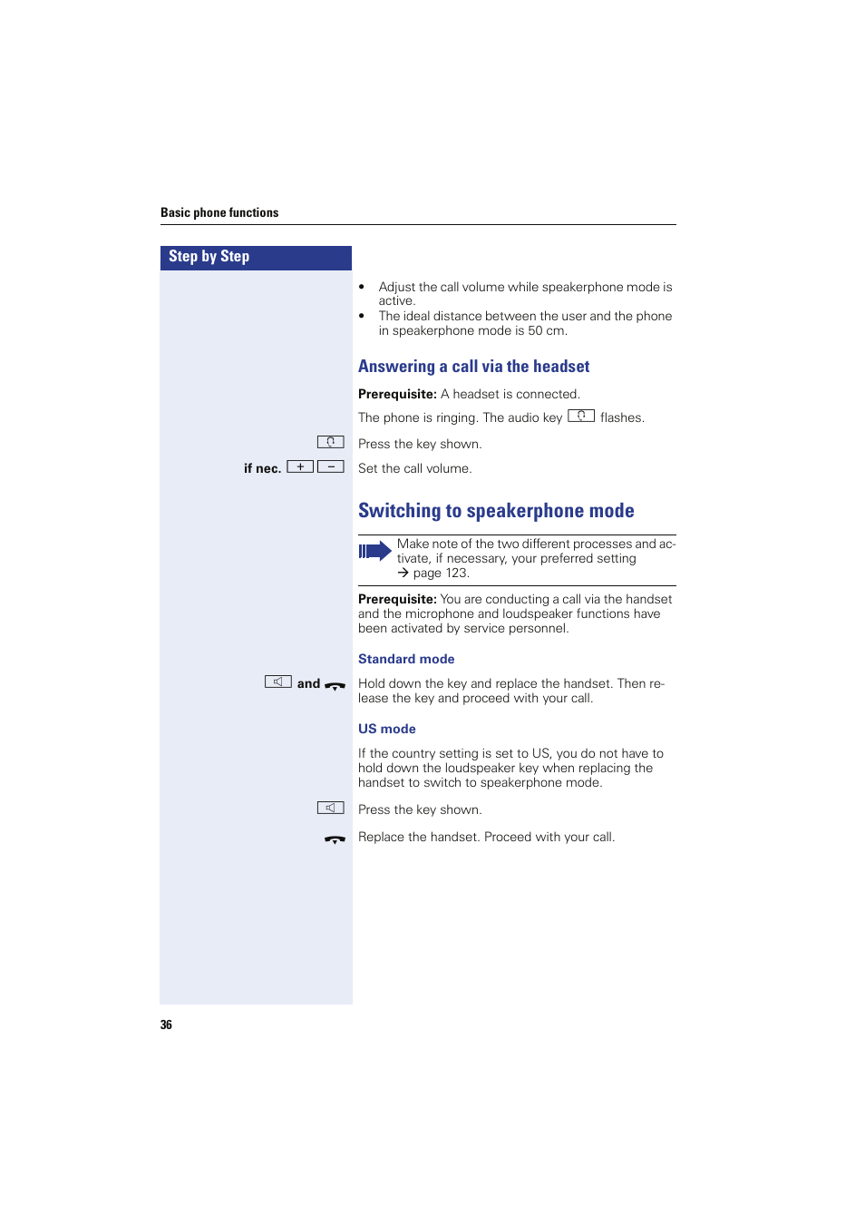 Answering a call via the headset, Switching to speakerphone mode | Sony HIPATH 8000 User Manual | Page 36 / 140