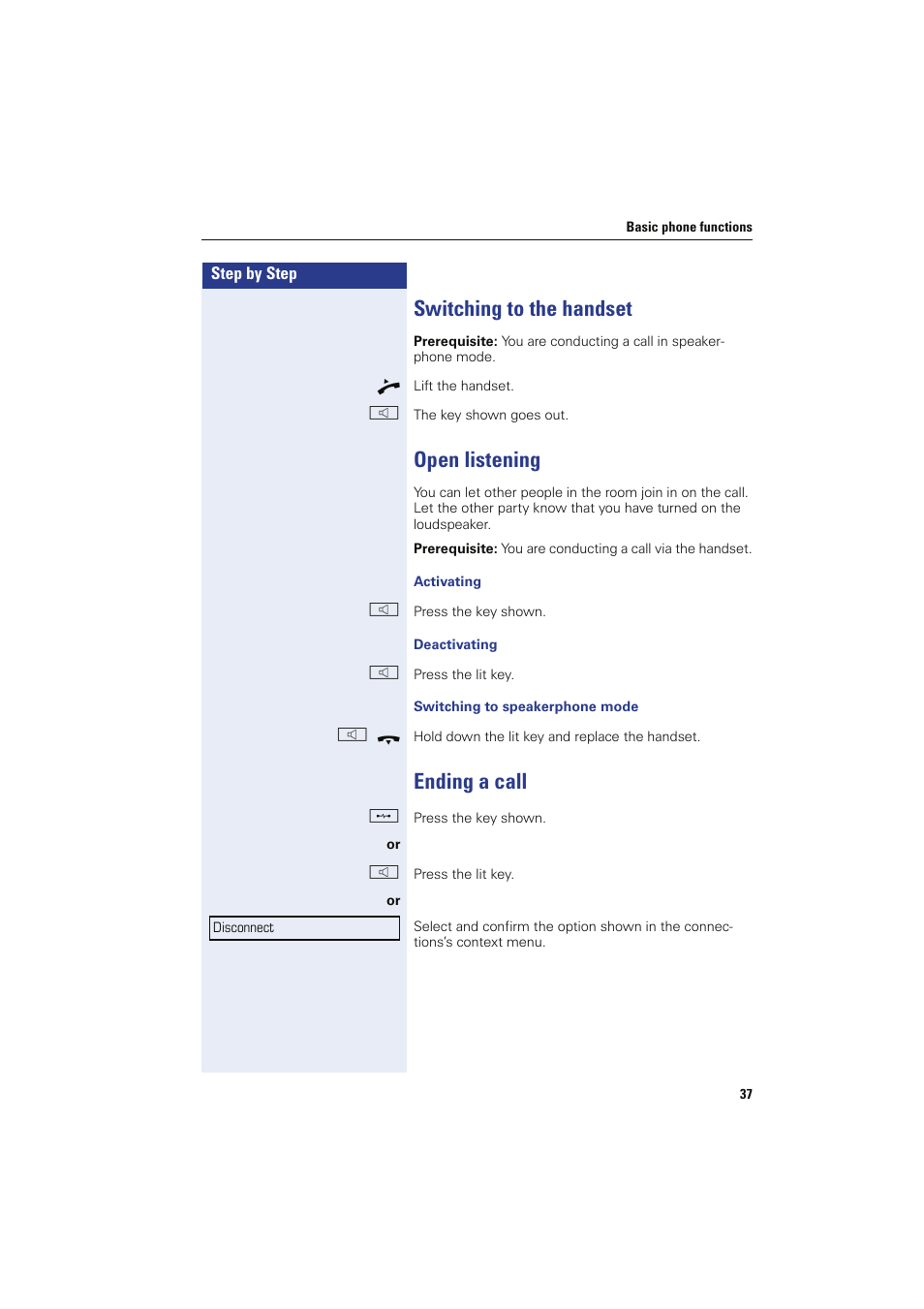 Switching to the handset, Open listening, Ending a call | Sony HIPATH 8000 User Manual | Page 37 / 140