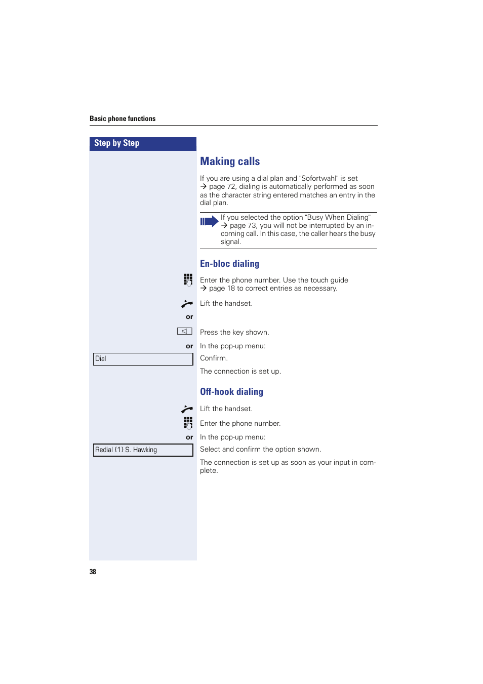 Making calls, En-bloc dialing, Off-hook dialing | En-bloc dialing off-hook dialing | Sony HIPATH 8000 User Manual | Page 38 / 140