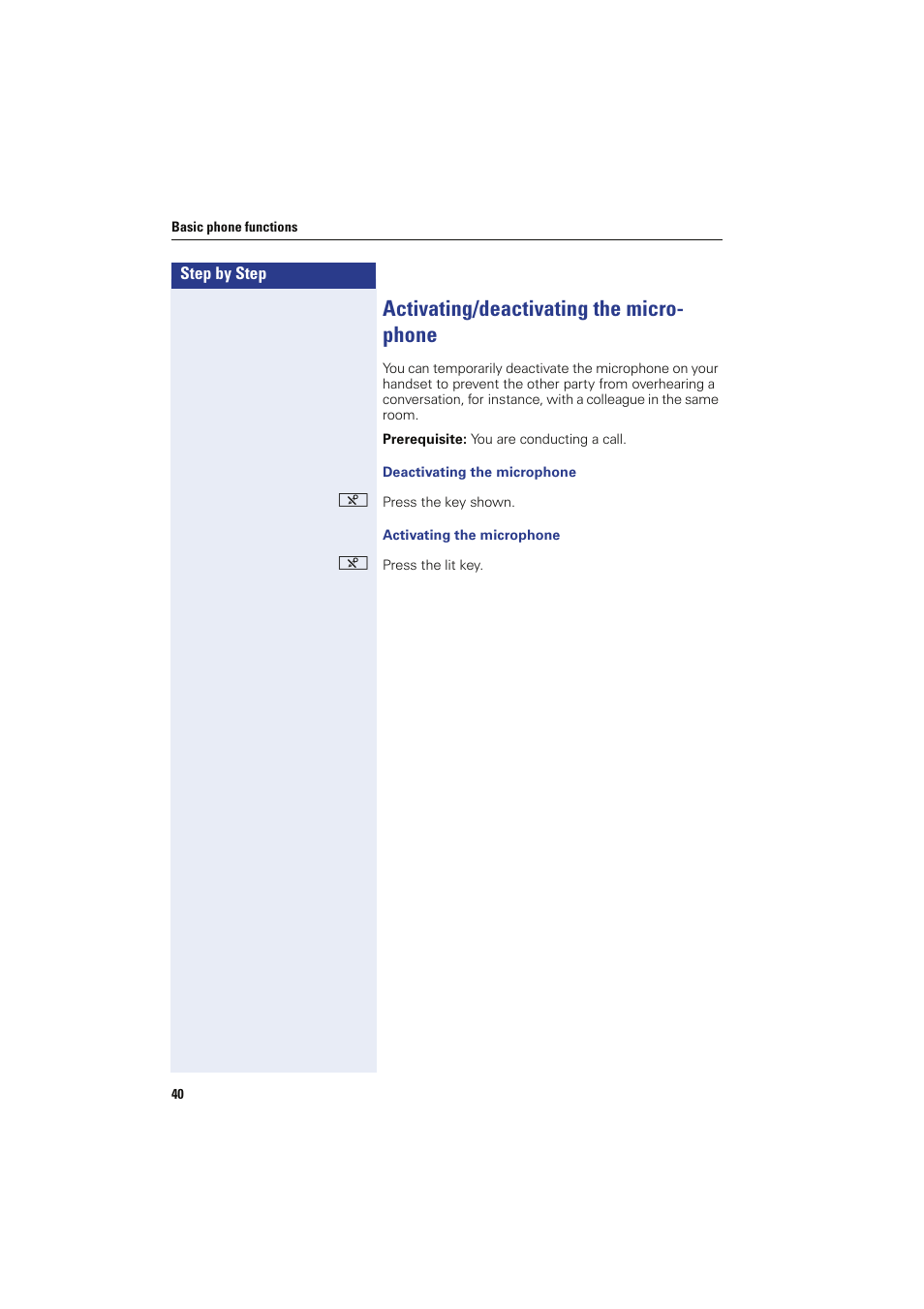 Activating/deactivating the microphone, Activating/deactivating the micro- phone | Sony HIPATH 8000 User Manual | Page 40 / 140