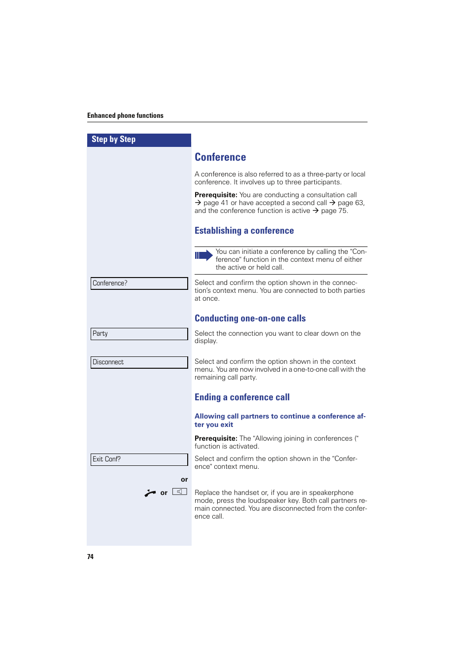 Conference, Establishing a conference, Conducting one-on-one calls | Ending a conference call | Sony HIPATH 8000 User Manual | Page 74 / 140