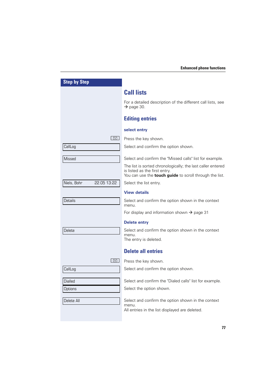 Call lists, Editing entries, Delete all entries | Editing entries delete all entries | Sony HIPATH 8000 User Manual | Page 77 / 140