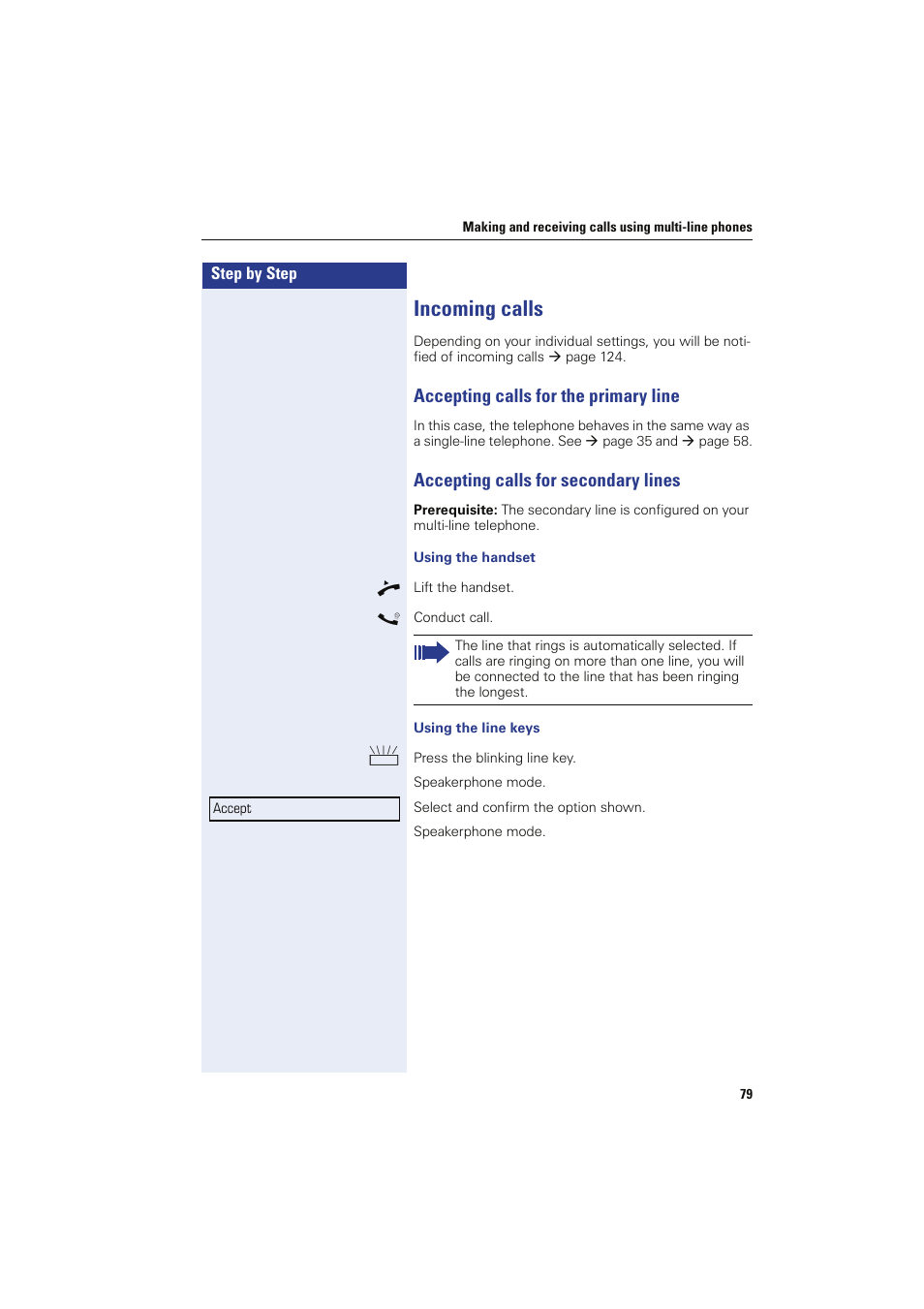 Incoming calls, Accepting calls for the primary line, Accepting calls for secondary lines | Sony HIPATH 8000 User Manual | Page 79 / 140