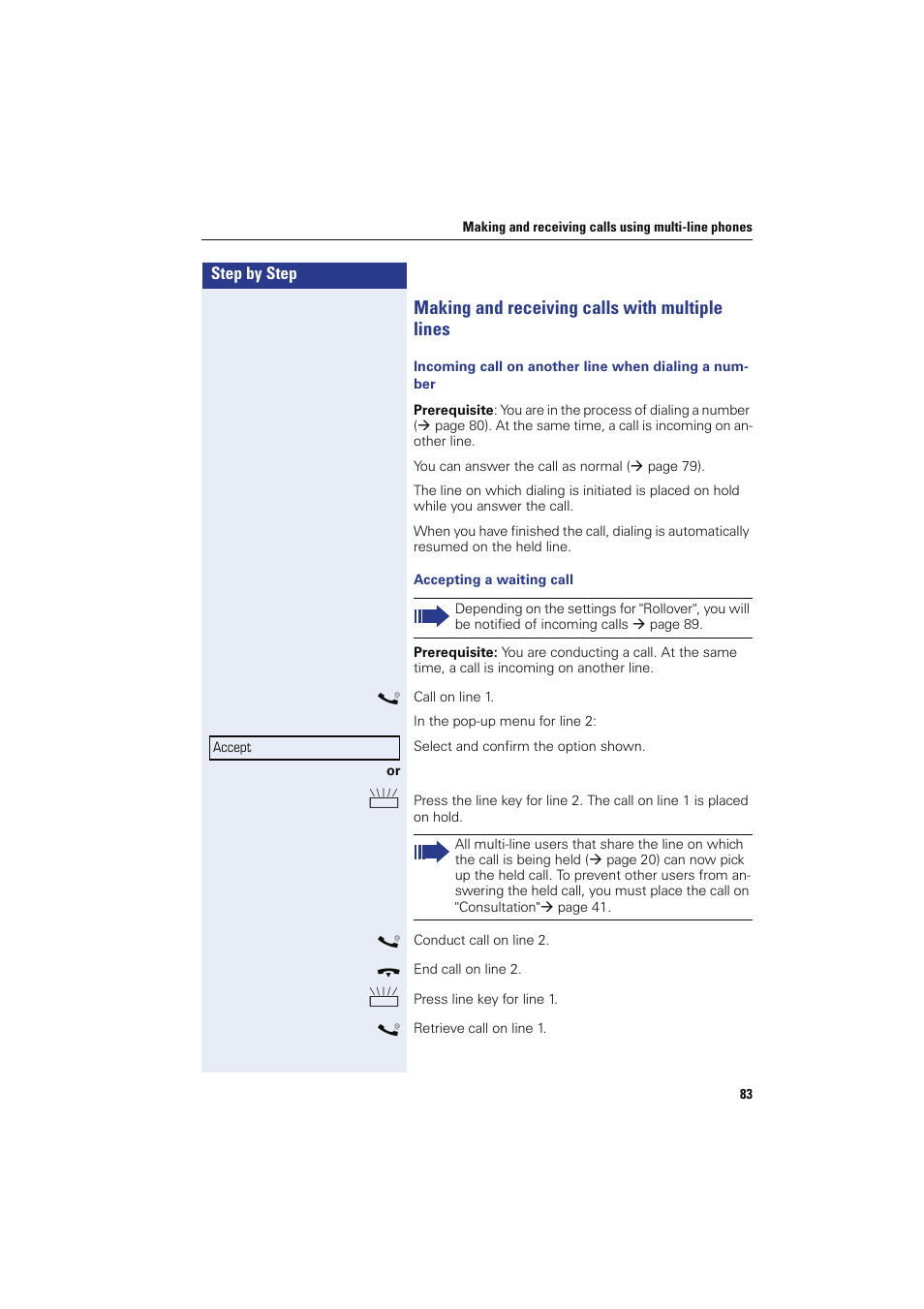 Making and receiving calls with multiple lines | Sony HIPATH 8000 User Manual | Page 83 / 140