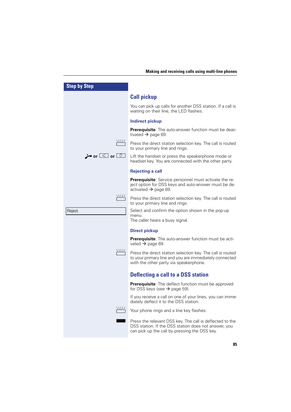 Call pickup, Deflecting a call to a dss station, Call pickup deflecting a call to a dss station | Sony HIPATH 8000 User Manual | Page 85 / 140