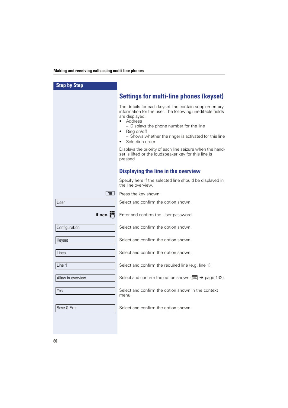 Settings for multi-line phones (keyset), Displaying the line in the overview | Sony HIPATH 8000 User Manual | Page 86 / 140