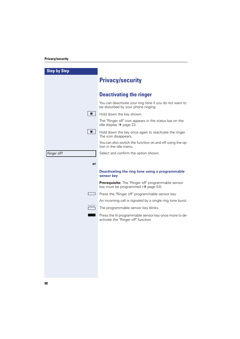 Privacy/security, Deactivating the ringer | Sony HIPATH 8000 User Manual | Page 90 / 140