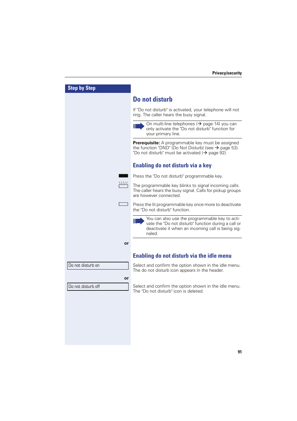 Do not disturb, Enabling do not disturb via a key, Enabling do not disturb via the idle menu | Sony HIPATH 8000 User Manual | Page 91 / 140