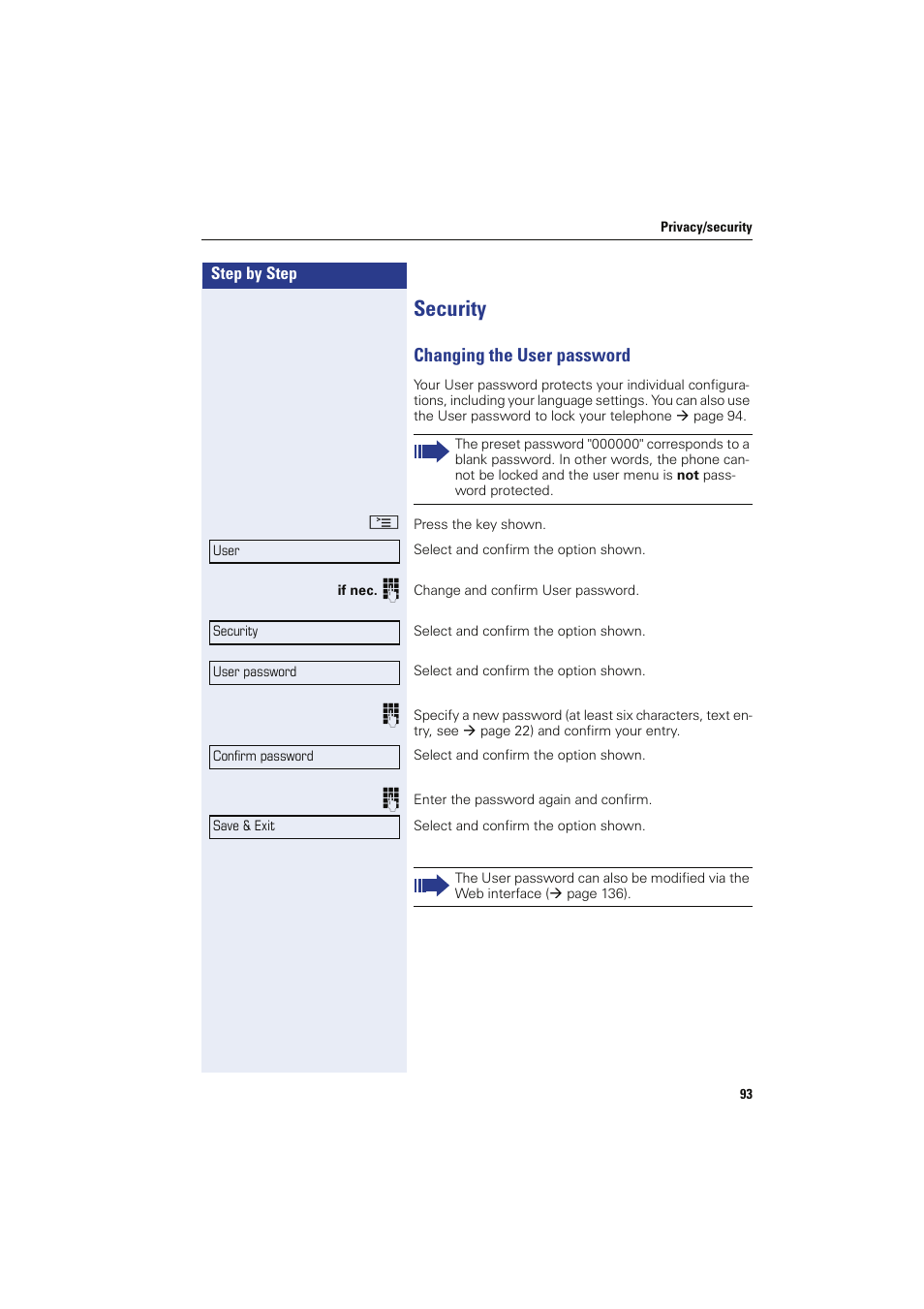 Security, Changing the user password | Sony HIPATH 8000 User Manual | Page 93 / 140