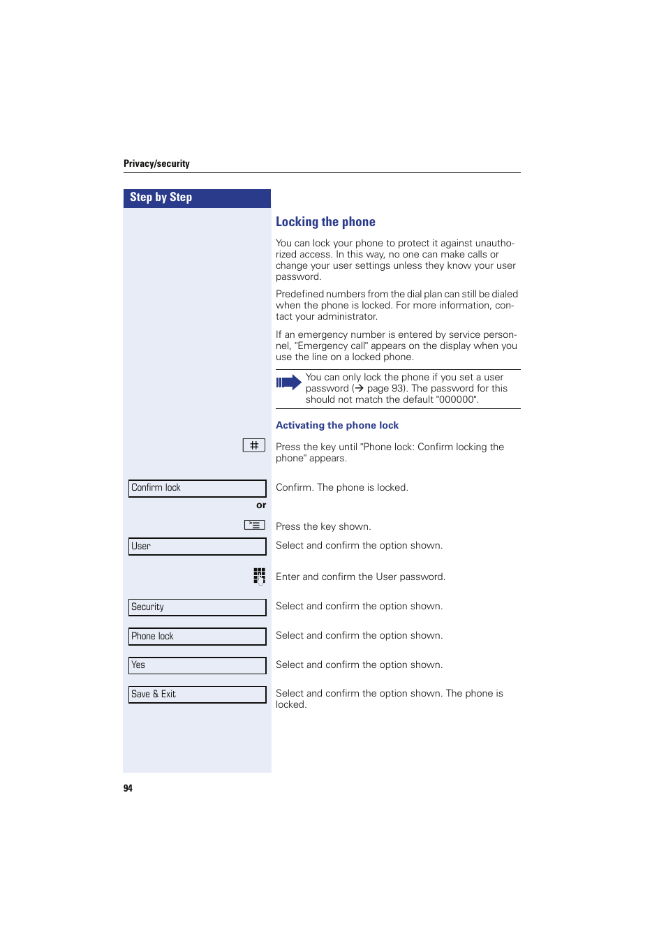 Locking the phone | Sony HIPATH 8000 User Manual | Page 94 / 140