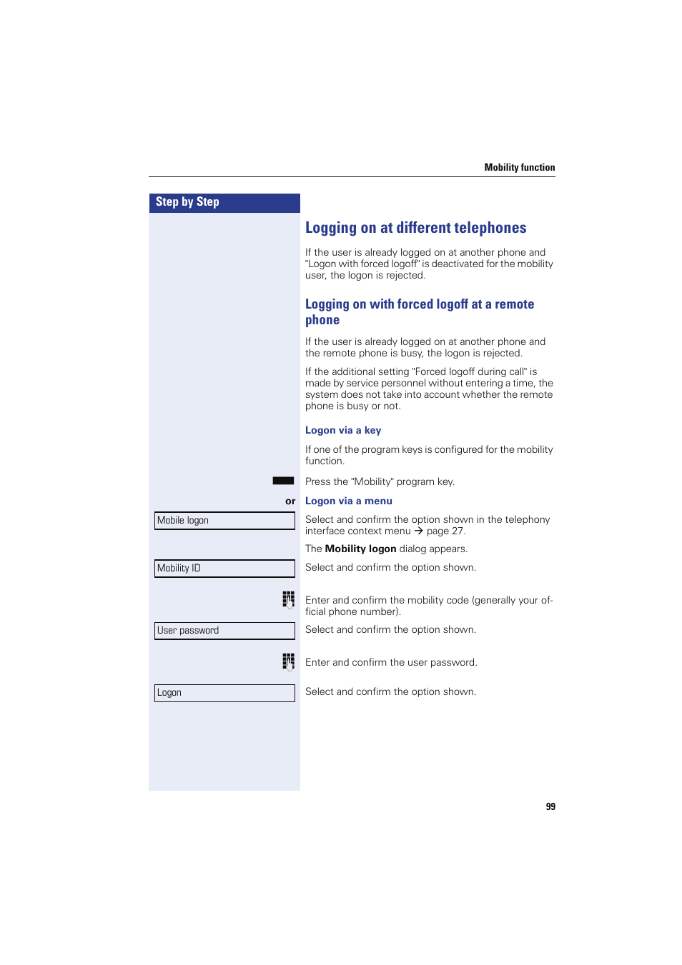 Logging on at different telephones, Logging on with forced logoff at a remote phone | Sony HIPATH 8000 User Manual | Page 99 / 140