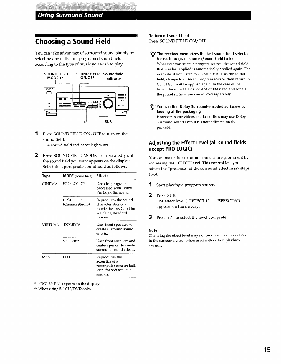 Choosing a sound field, Using surround sound | Sony STR-DE345 User Manual | Page 15 / 24