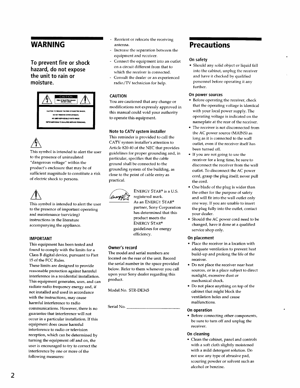 Warning, Important, Caution | Note to catv system installer, Owner's record, Precautions, On safety | Sony STR-DE345 User Manual | Page 2 / 24