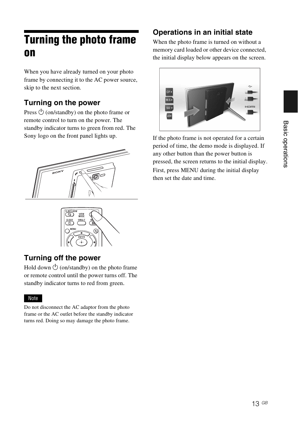 Turning the photo frame on | Sony S-Frame 4-259-436-12 (1) User Manual | Page 13 / 64