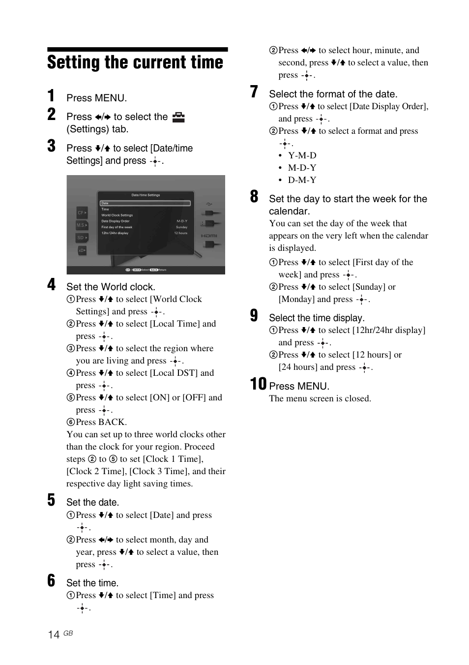 Setting the current time | Sony S-Frame 4-259-436-12 (1) User Manual | Page 14 / 64