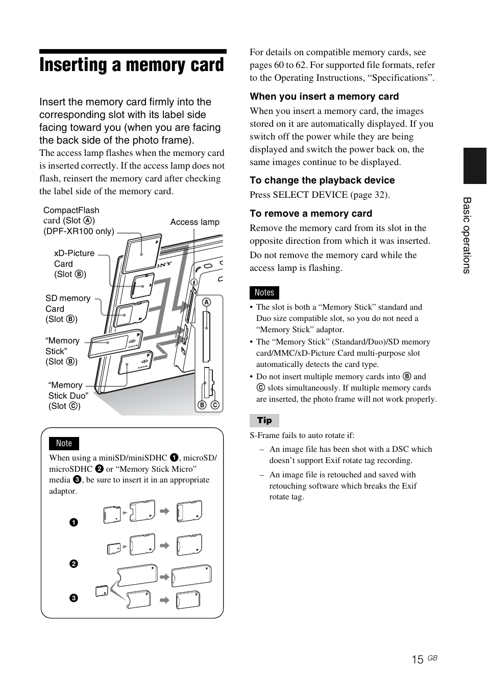 Inserting a memory card | Sony S-Frame 4-259-436-12 (1) User Manual | Page 15 / 64