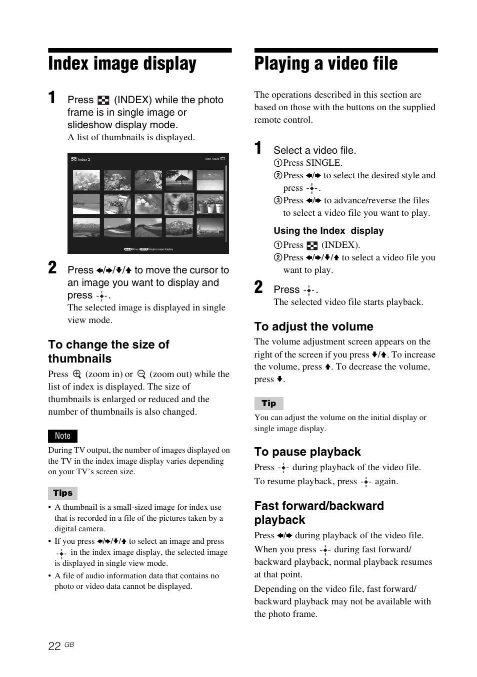 Index image display, Playing a video file | Sony S-Frame 4-259-436-12 (1) User Manual | Page 22 / 64