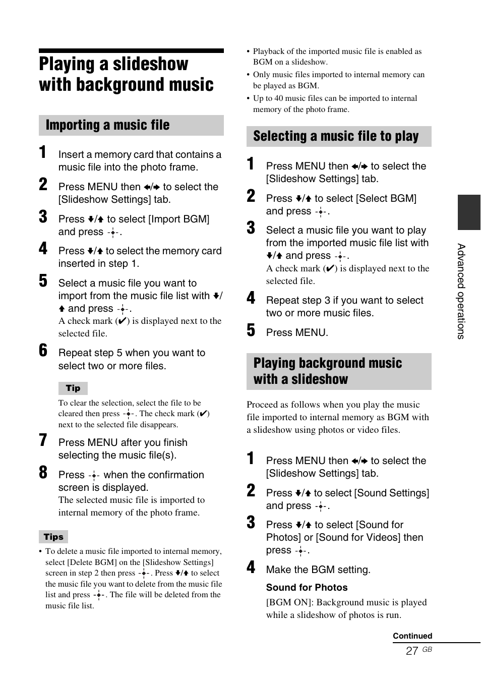 Playing a slideshow with background music, Importing a music file, Selecting a music file to play | Playing background music with a slideshow | Sony S-Frame 4-259-436-12 (1) User Manual | Page 27 / 64