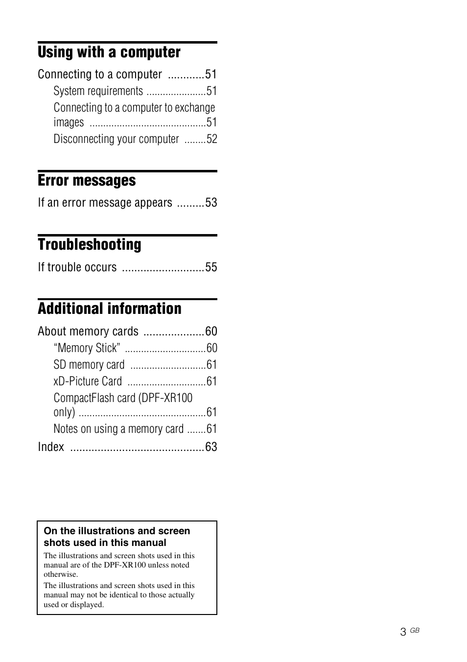 Using with a computer, Error messages, Troubleshooting | Additional information | Sony S-Frame 4-259-436-12 (1) User Manual | Page 3 / 64