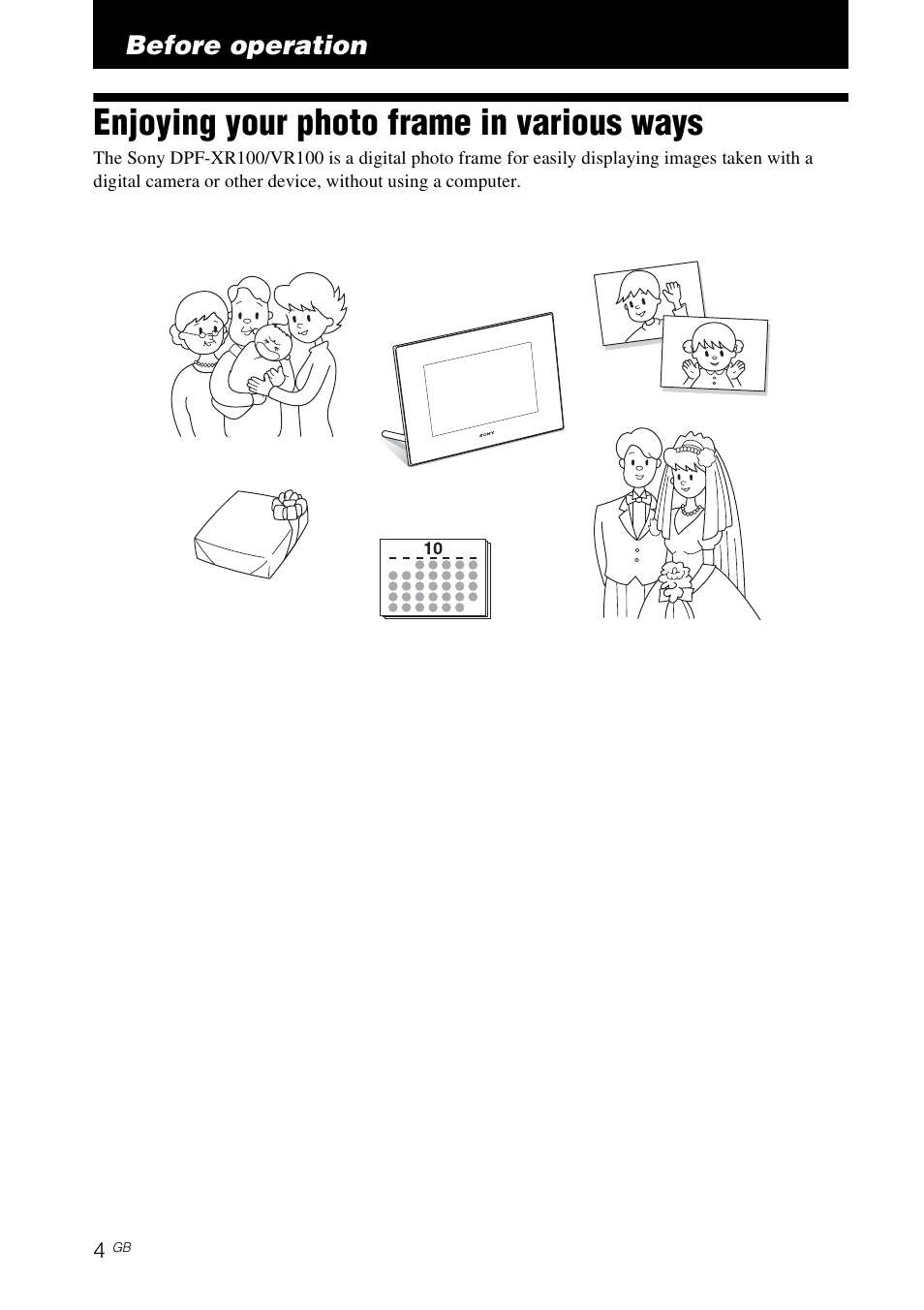 Before operation, Enjoying your photo frame in various ways | Sony S-Frame 4-259-436-12 (1) User Manual | Page 4 / 64