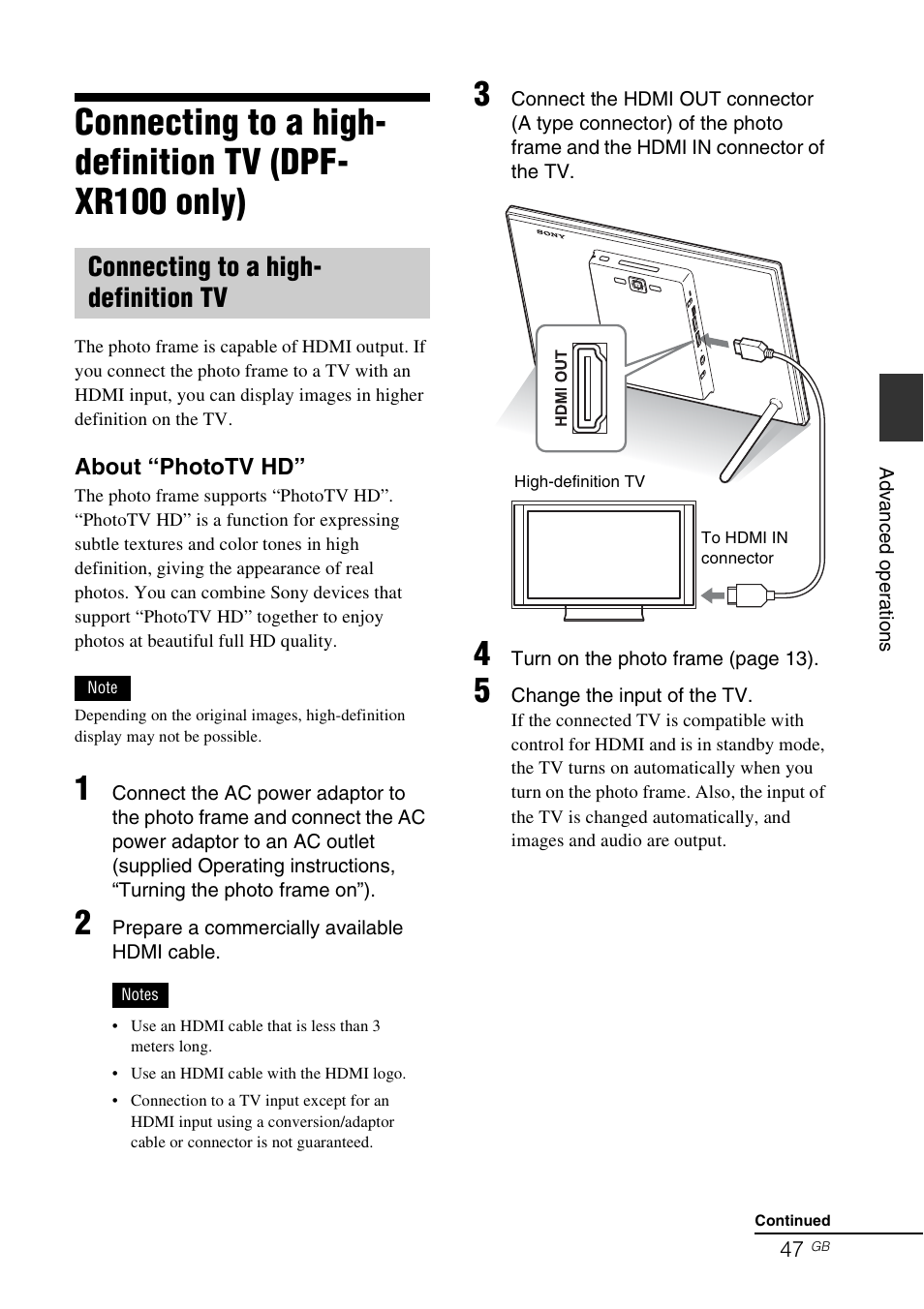 Connecting to a high-definition tv, Dpf-xr100 only) connecting to a high-definition tv, Connecting to a high- definition tv | Sony S-Frame 4-259-436-12 (1) User Manual | Page 47 / 64