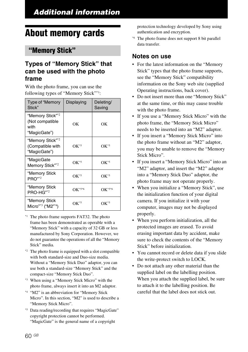 Additional information, About memory cards, Memory stick | Sony S-Frame 4-259-436-12 (1) User Manual | Page 60 / 64