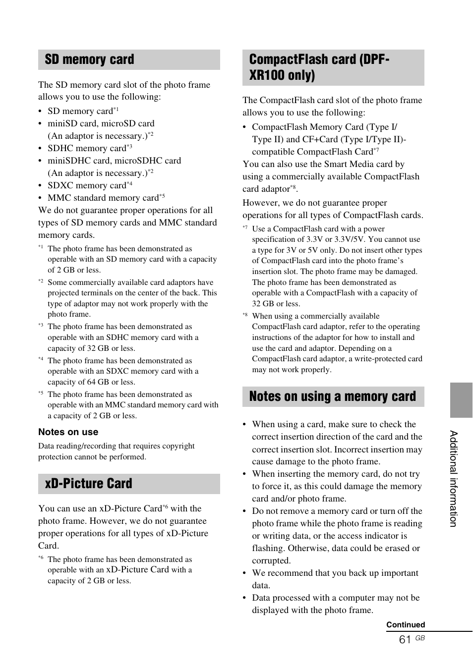 Sd memory card, Xd-picture card, Compactflash card (dpf-xr100 only) | Notes on using a memory card | Sony S-Frame 4-259-436-12 (1) User Manual | Page 61 / 64