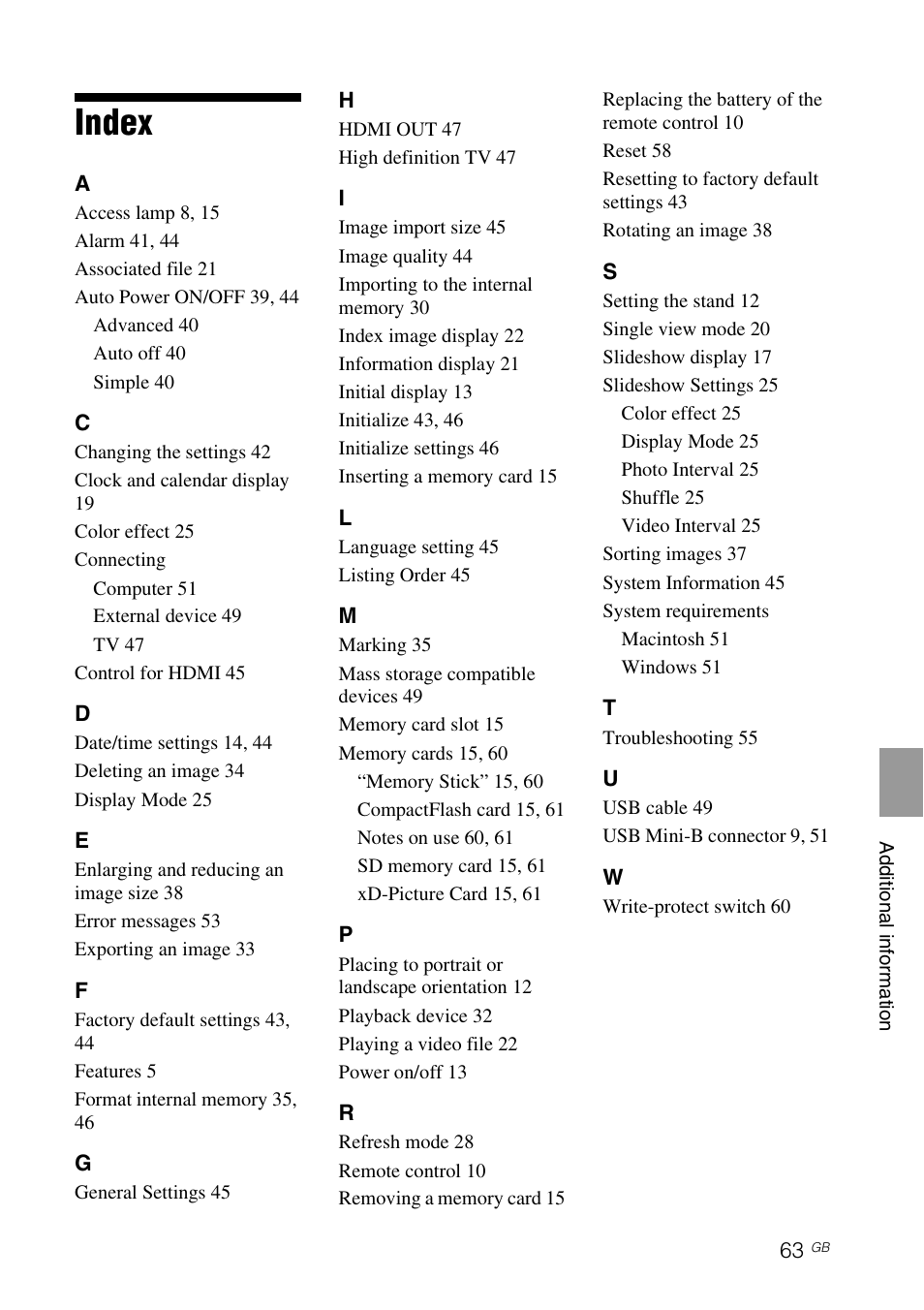 Index, Additional information | Sony S-Frame 4-259-436-12 (1) User Manual | Page 63 / 64