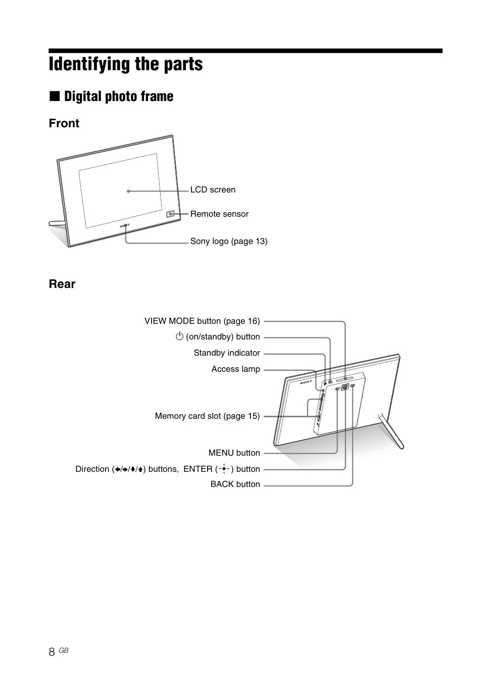 Identifying the parts, Digital photo frame, Xdigital photo frame | Front rear | Sony S-Frame 4-259-436-12 (1) User Manual | Page 8 / 64