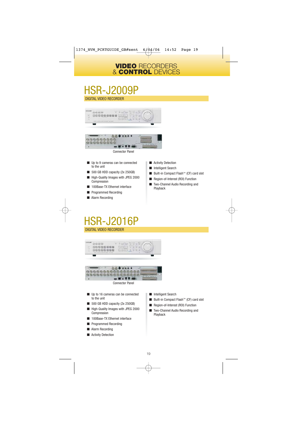 Hsr-j2016p, Hsr-j2009p, Video recorders & control devices | Sony Network Video Monitoring User Manual | Page 19 / 48