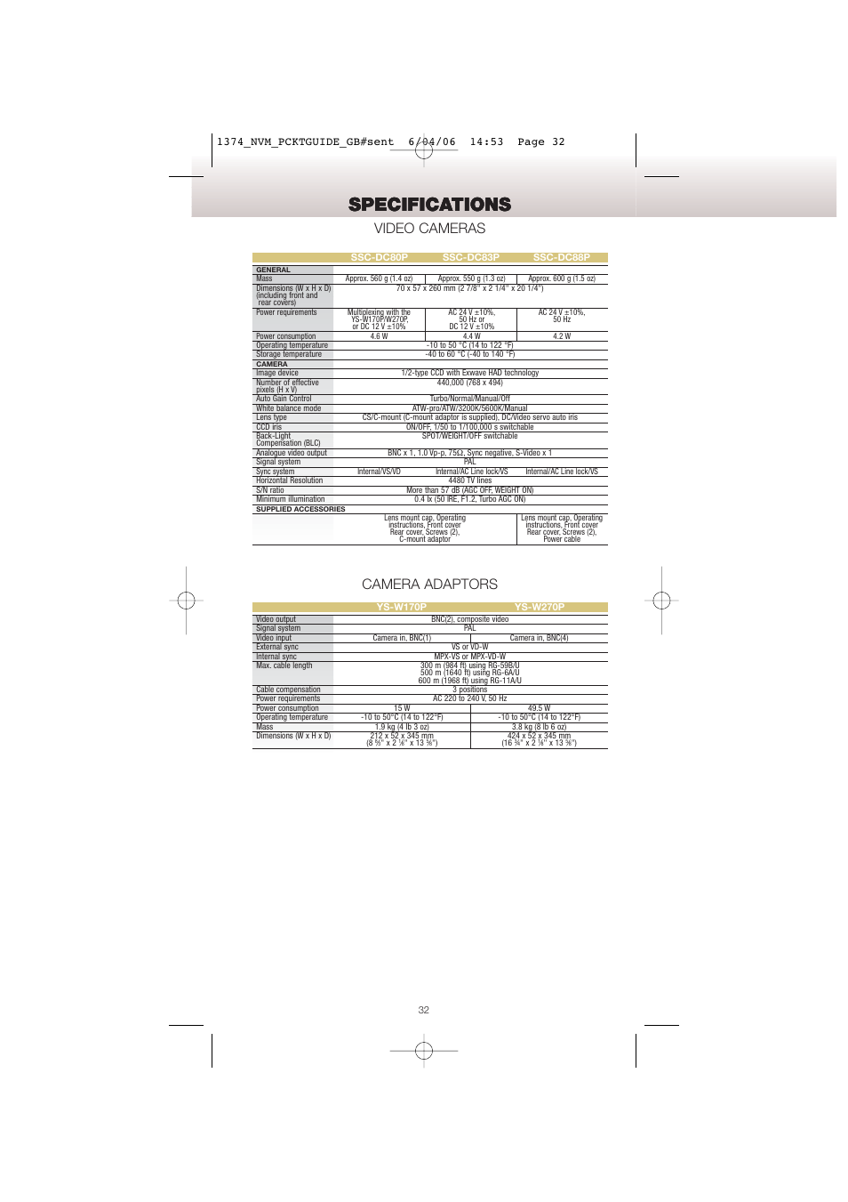 Specifications, Video cameras, Camera adaptors | Sony Network Video Monitoring User Manual | Page 32 / 48