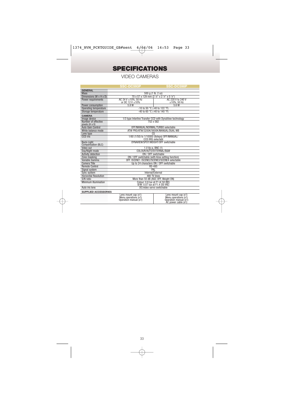 Specifications, Video cameras | Sony Network Video Monitoring User Manual | Page 33 / 48