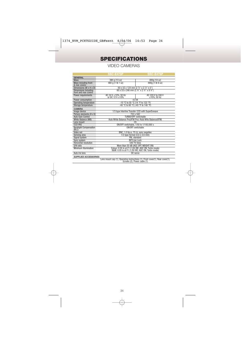Specifications, Video cameras | Sony Network Video Monitoring User Manual | Page 34 / 48