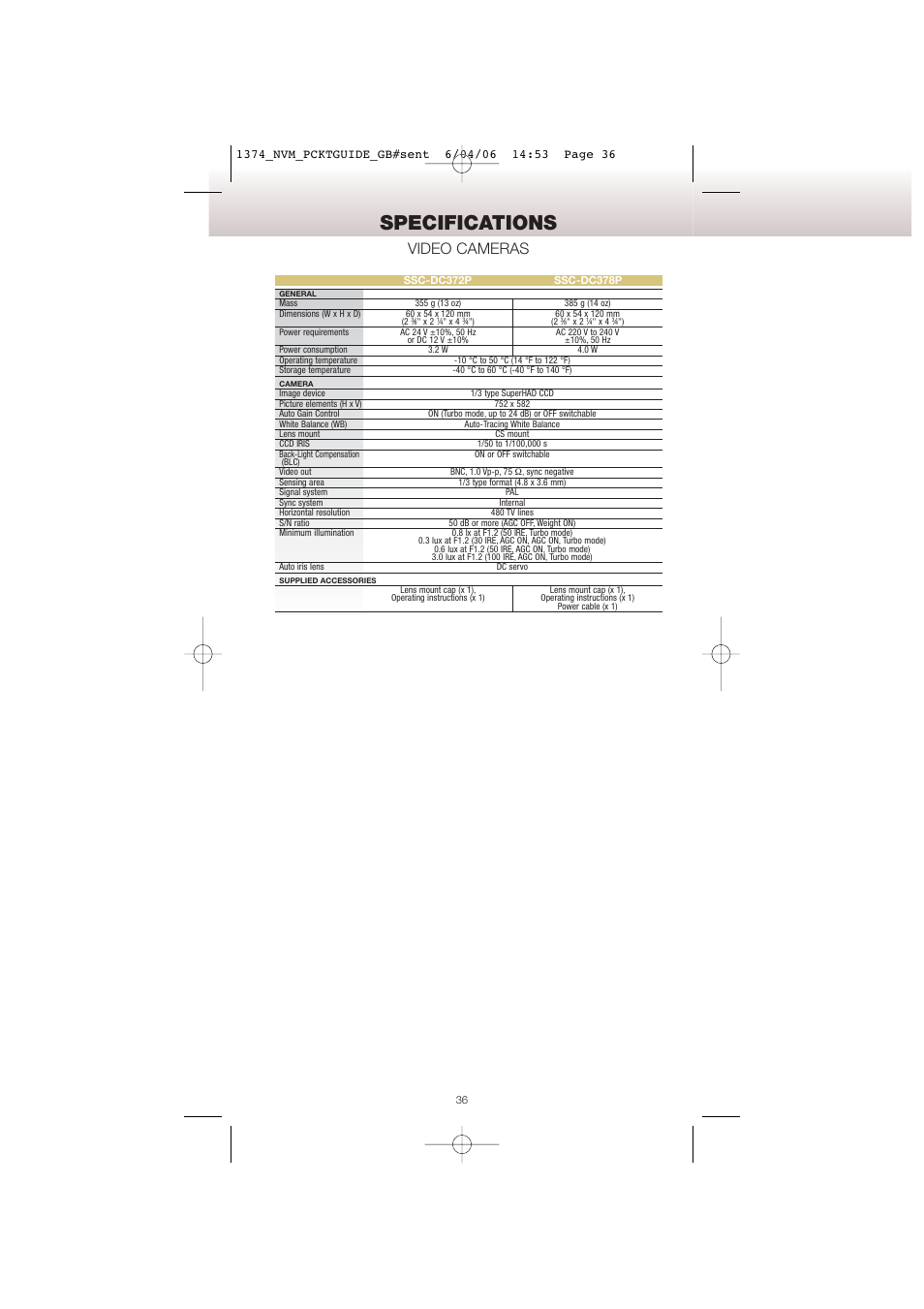 Specifications, Video cameras | Sony Network Video Monitoring User Manual | Page 36 / 48