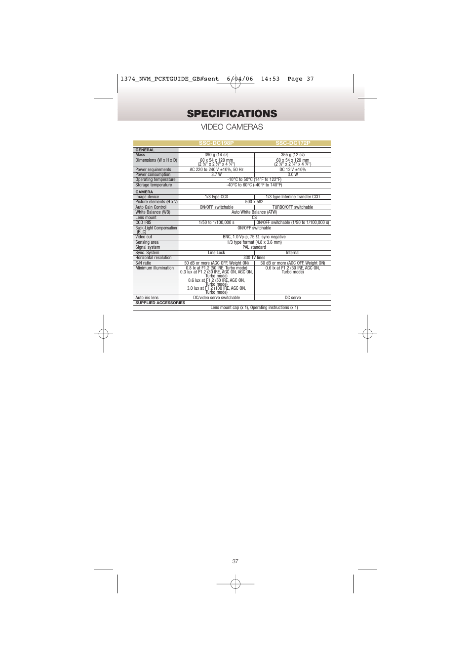 Specifications, Video cameras | Sony Network Video Monitoring User Manual | Page 37 / 48
