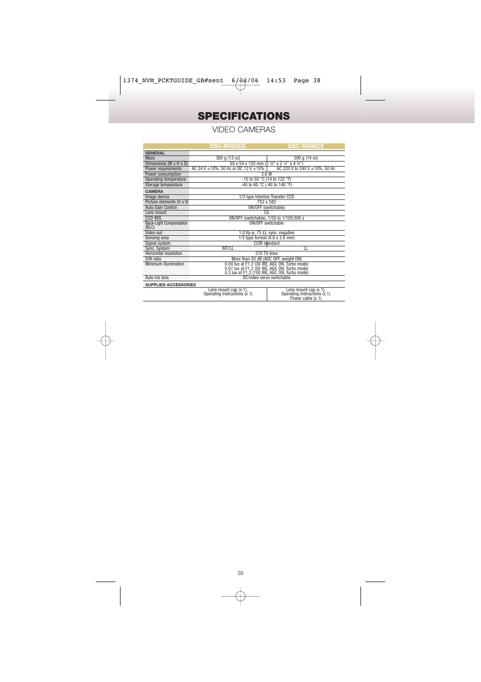 Specifications, Video cameras | Sony Network Video Monitoring User Manual | Page 38 / 48