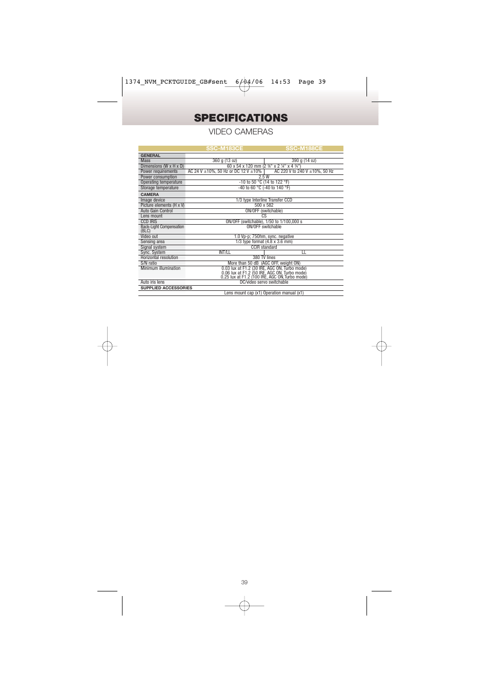 Specifications, Video cameras | Sony Network Video Monitoring User Manual | Page 39 / 48