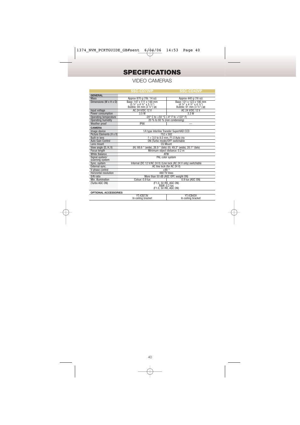 Specifications, Video cameras | Sony Network Video Monitoring User Manual | Page 40 / 48