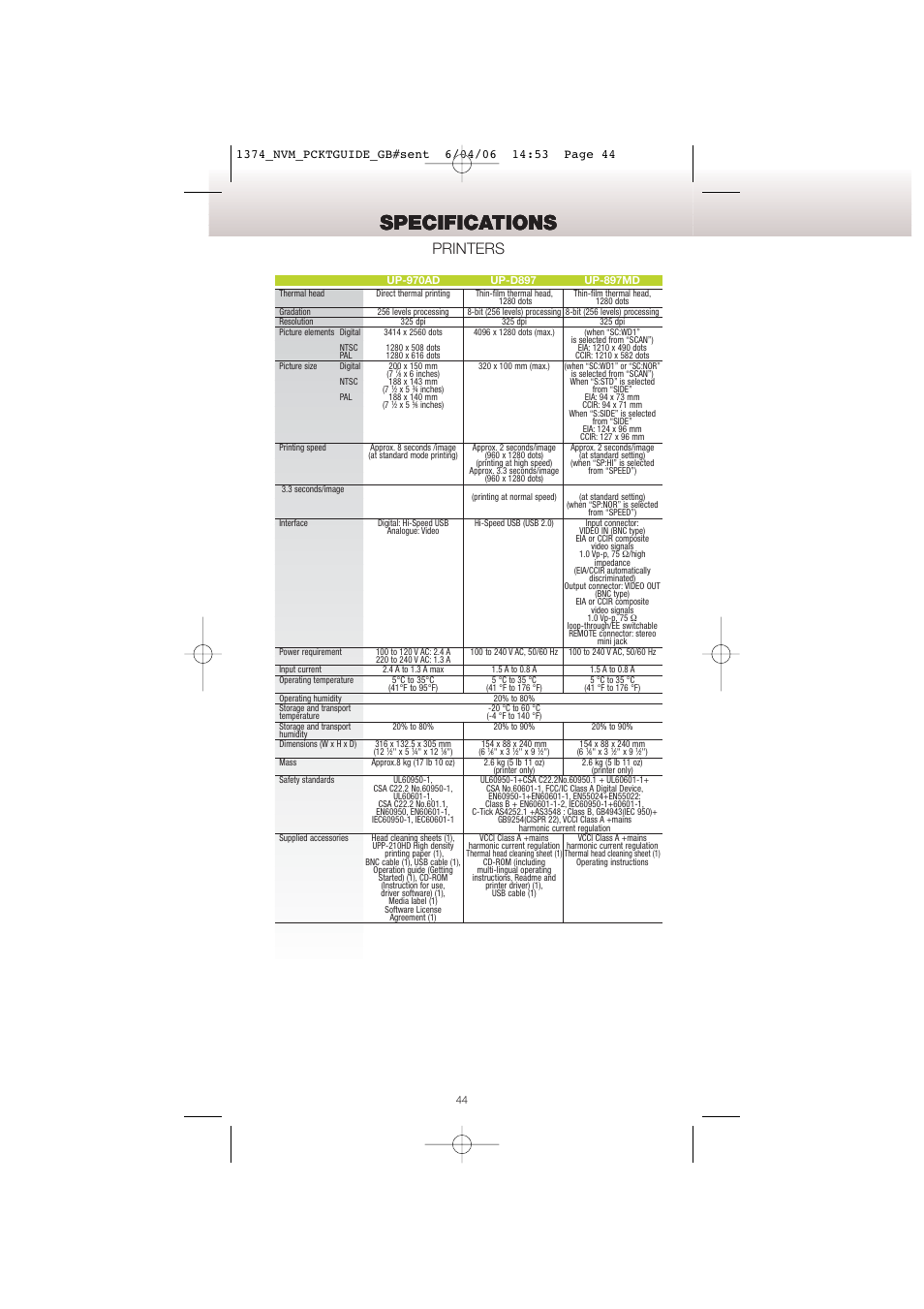 Specifications, Printers | Sony Network Video Monitoring User Manual | Page 44 / 48