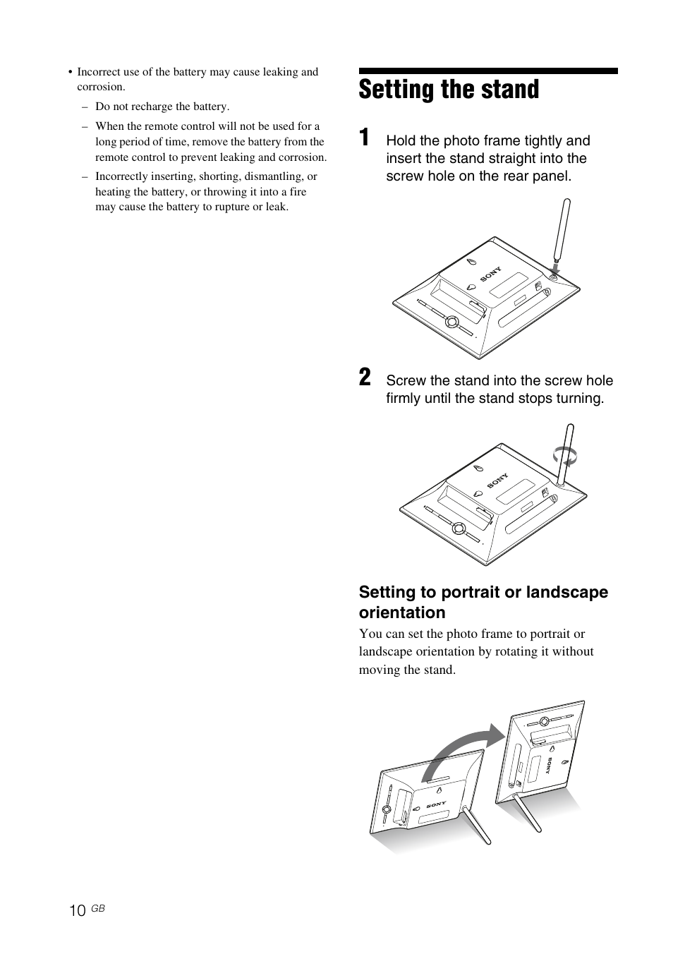 Setting the stand | Sony DPF-X85 User Manual | Page 10 / 48
