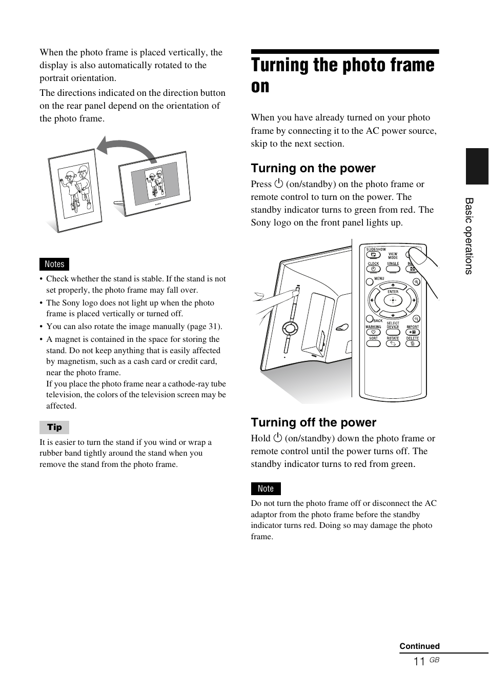 Turning the photo frame on, Turning on the power, Turning off the power | Sony DPF-X85 User Manual | Page 11 / 48