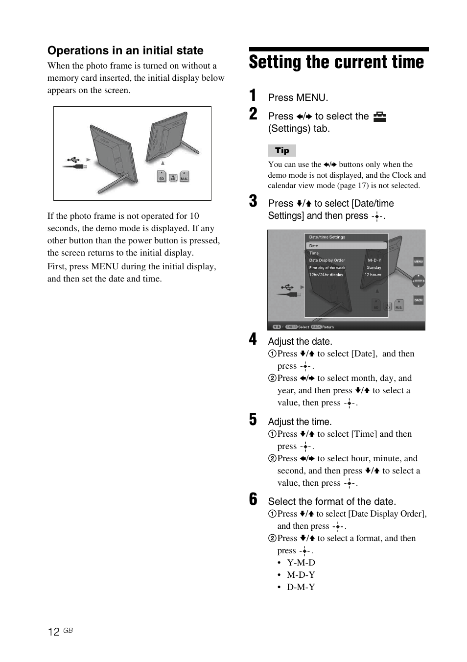 Setting the current time | Sony DPF-X85 User Manual | Page 12 / 48