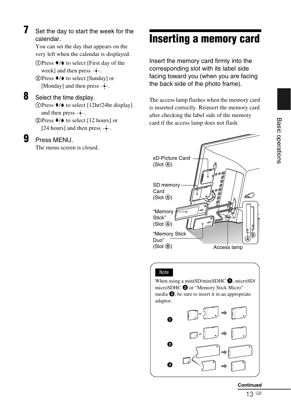 Inserting a memory card | Sony DPF-X85 User Manual | Page 13 / 48