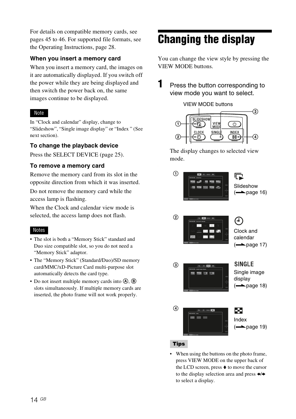 Changing the display | Sony DPF-X85 User Manual | Page 14 / 48