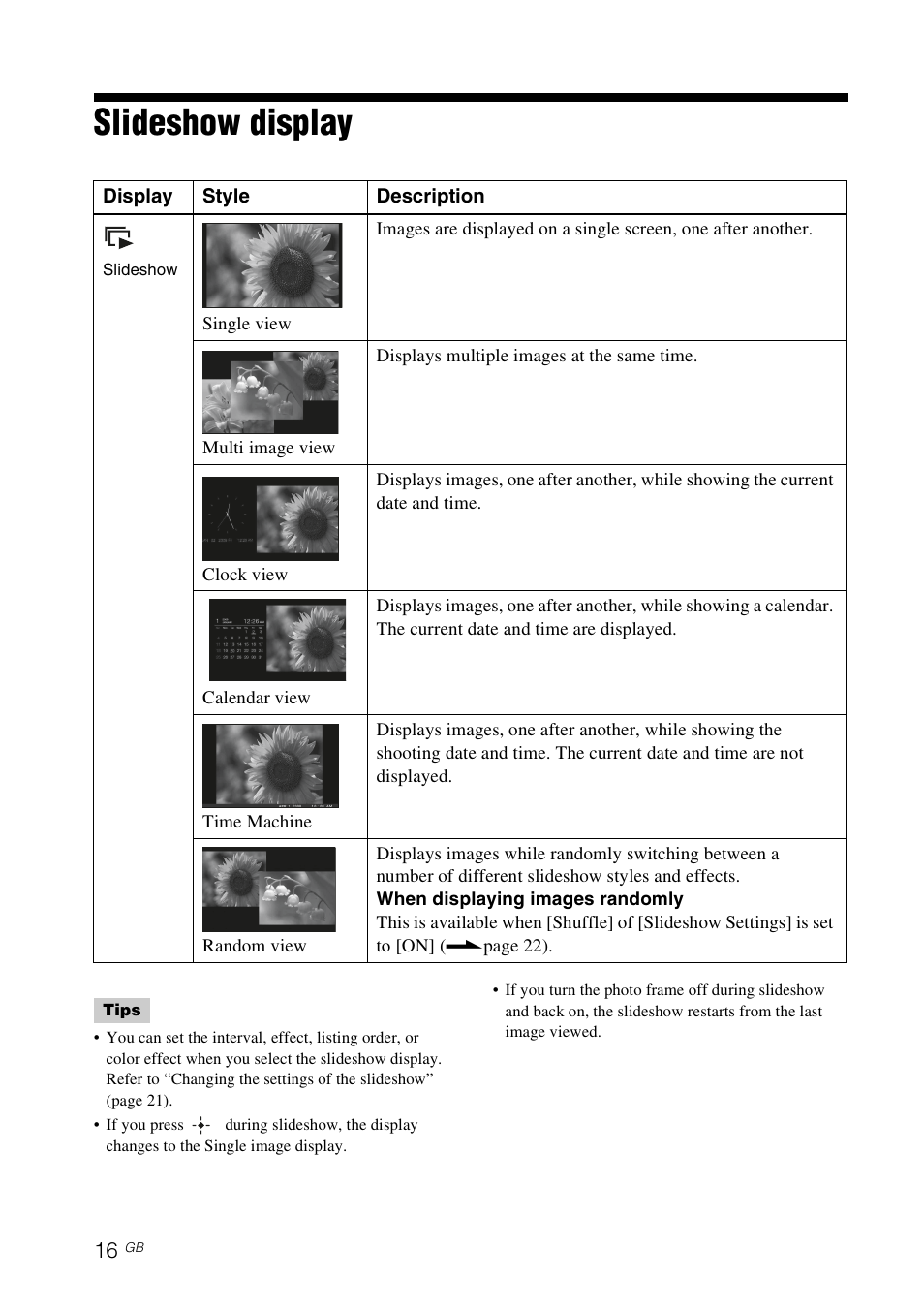 Slideshow display, Ge 16 | Sony DPF-X85 User Manual | Page 16 / 48