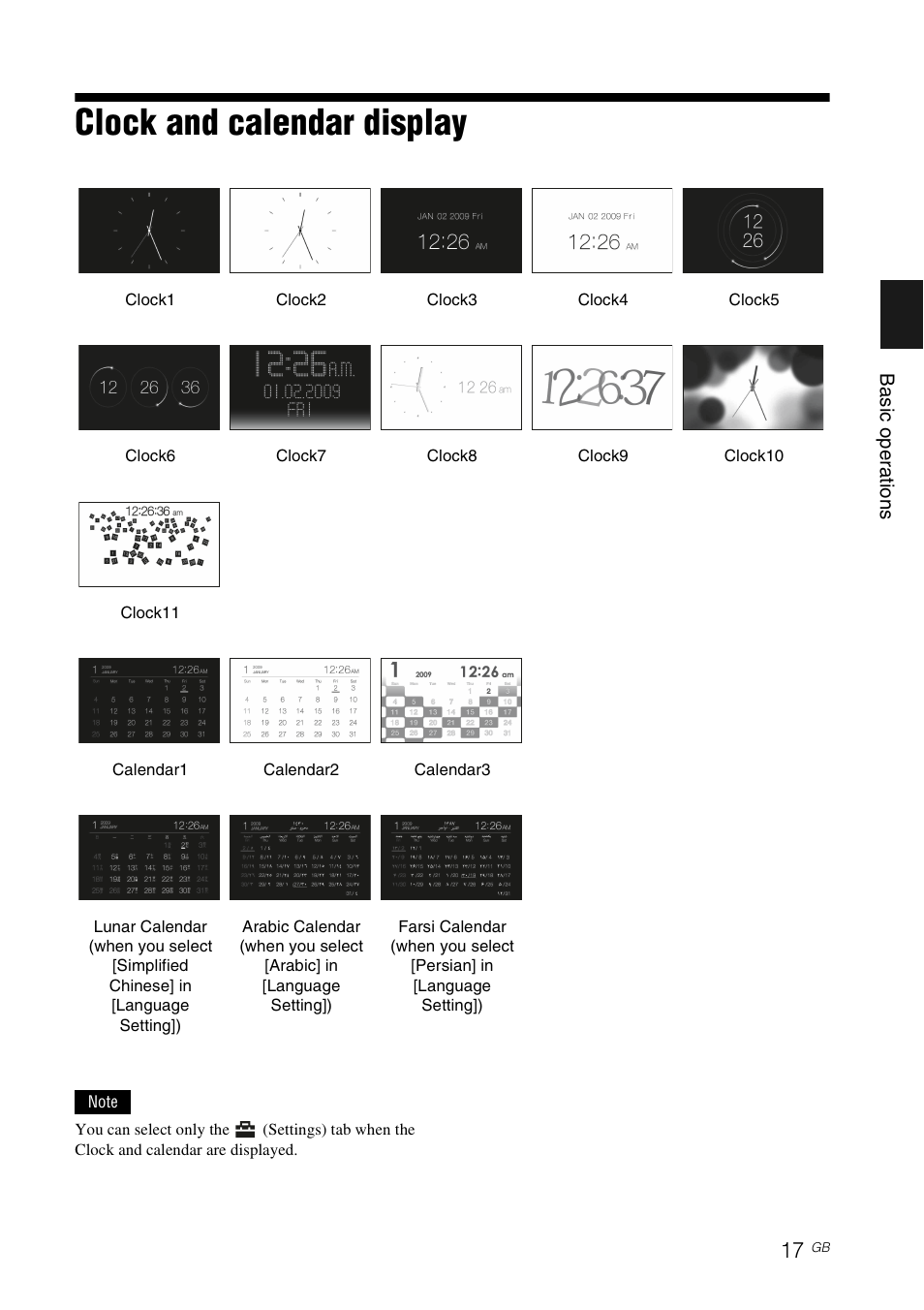 Clock and calendar display, Ge 17 | Sony DPF-X85 User Manual | Page 17 / 48