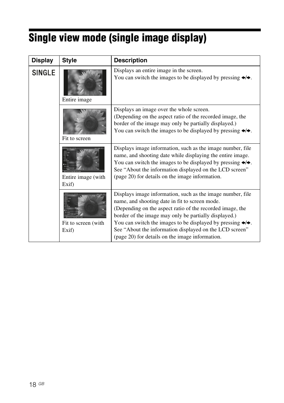 Single view mode (single image display), Ge 18 | Sony DPF-X85 User Manual | Page 18 / 48