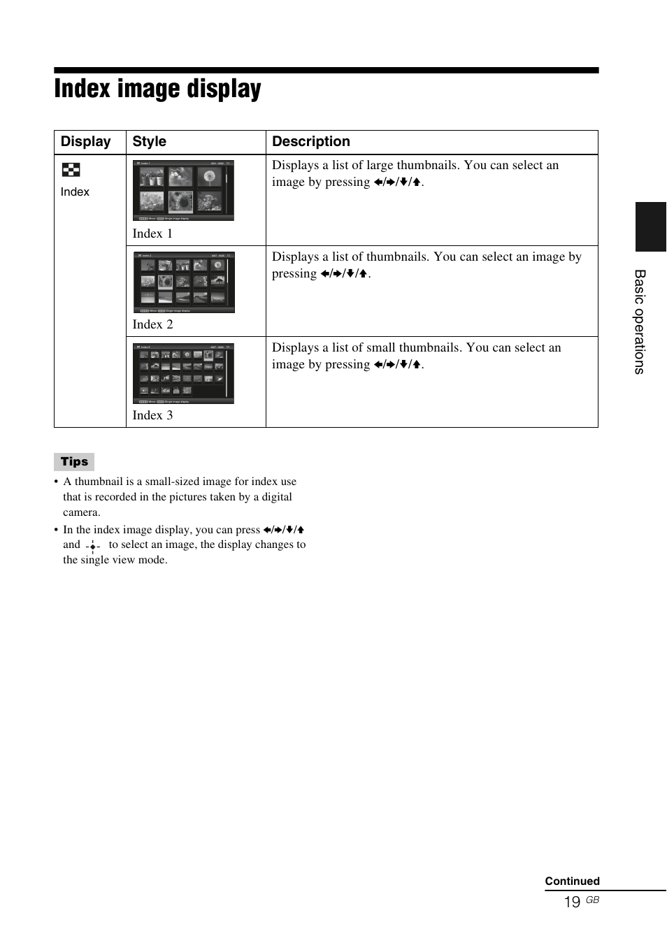 Index image display, Ge 19 | Sony DPF-X85 User Manual | Page 19 / 48