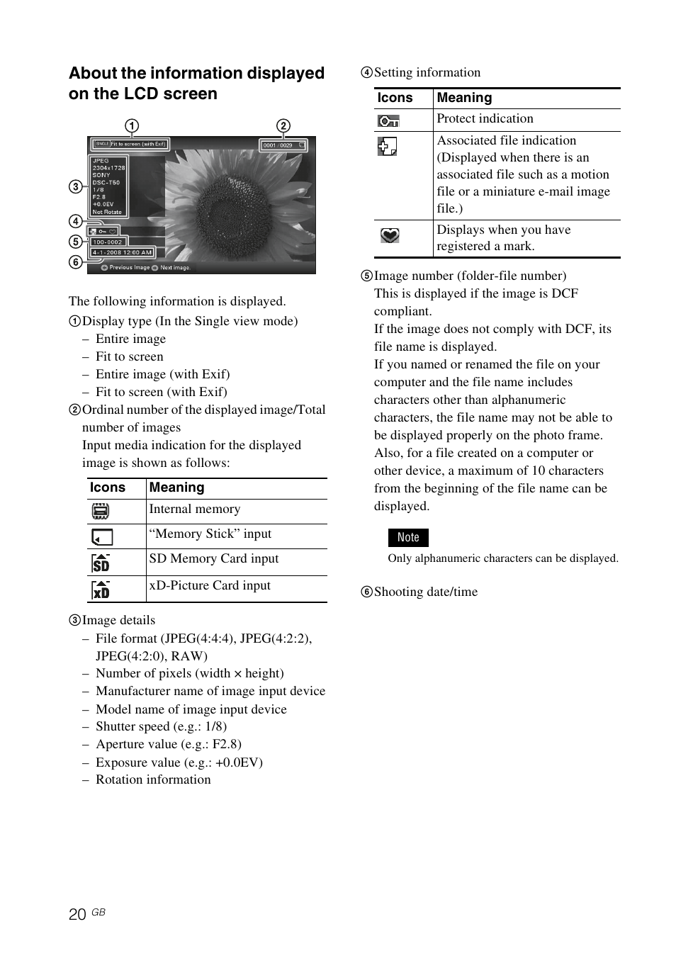 About the information displayed on the lcd screen | Sony DPF-X85 User Manual | Page 20 / 48