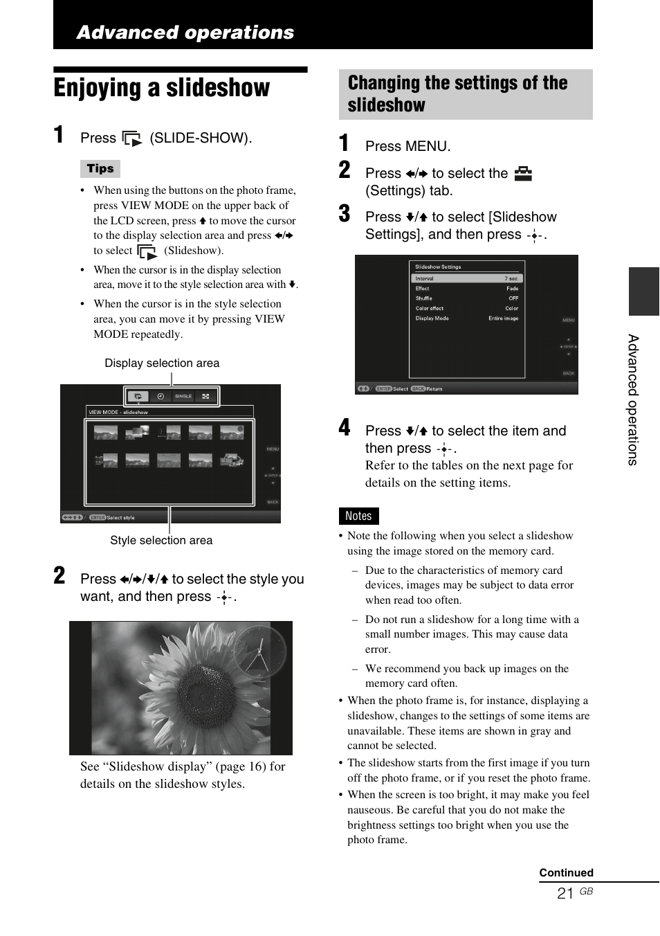 Advanced operations, Enjoying a slideshow, Changing the settings of the slideshow | Sony DPF-X85 User Manual | Page 21 / 48